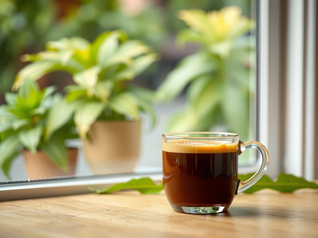 Dampfende Kaffeetasse vor Fenster