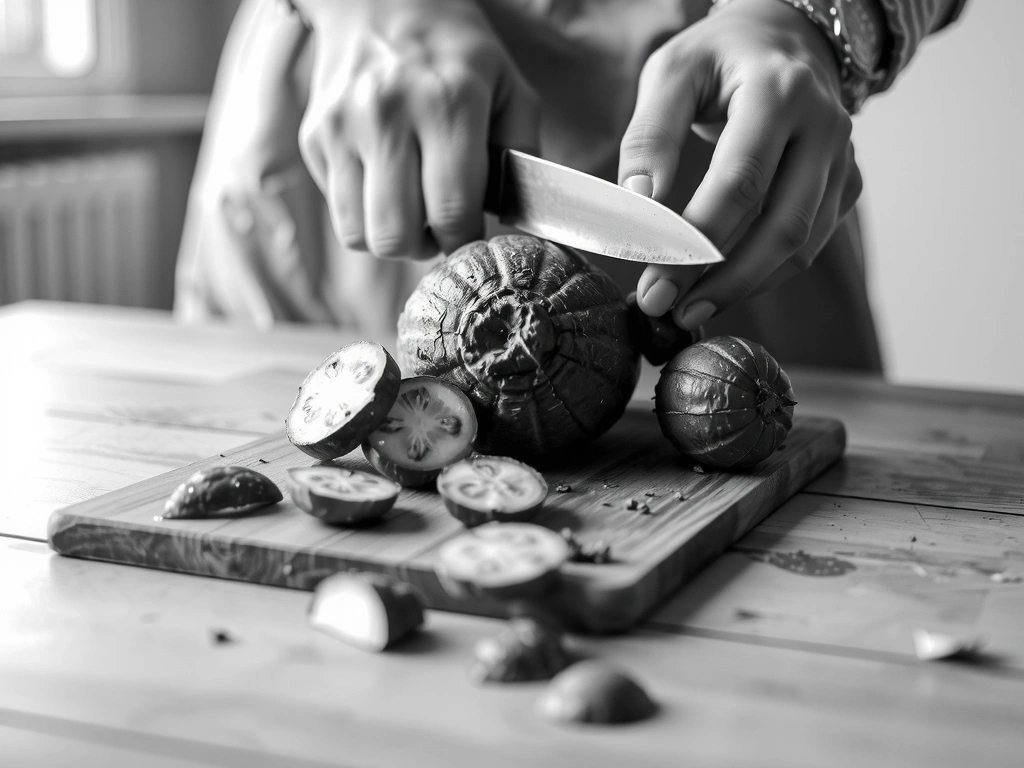 Schwarz-Weiß Foto von Händen, die frisches Gemüse schneiden